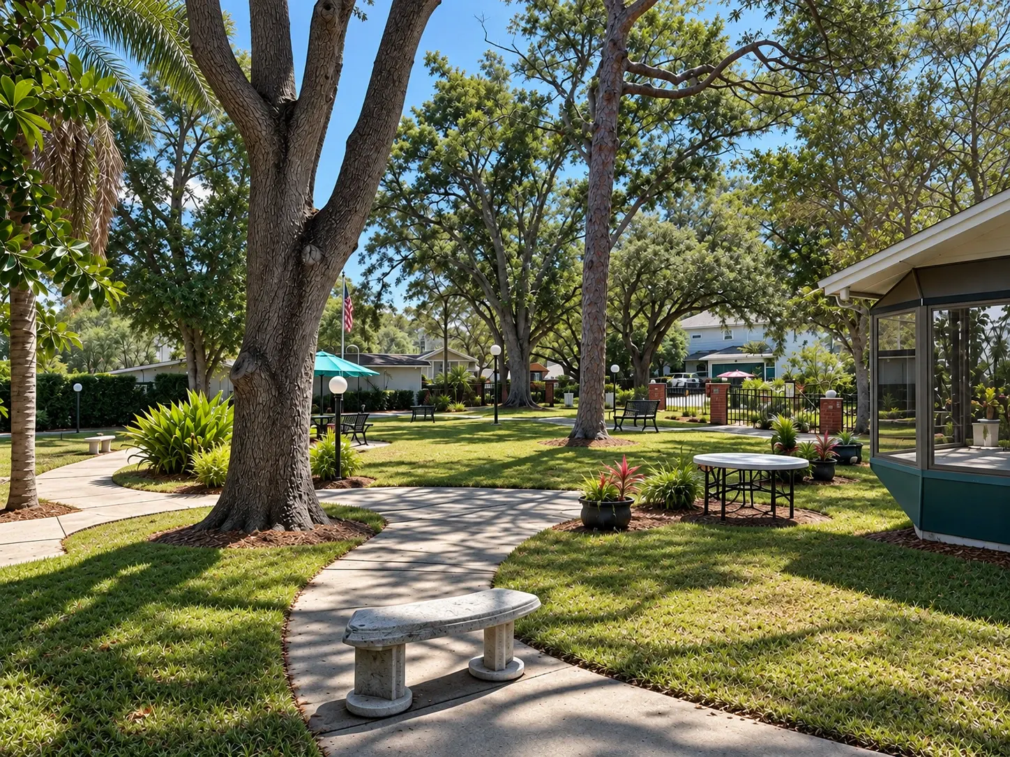 The garden walk at Vivo Healthcare St. Petersburg, shaded by oaks