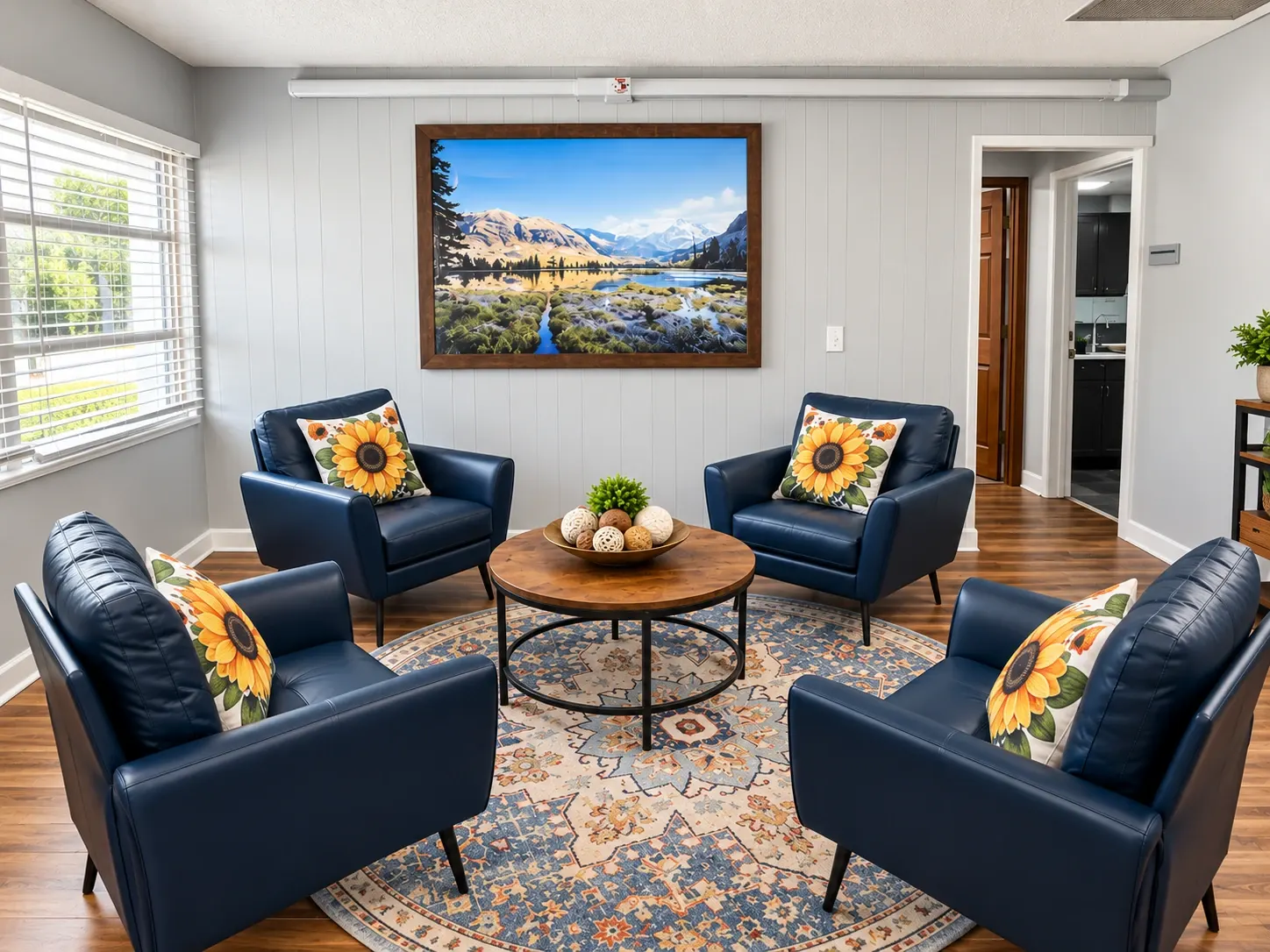 A sitting room at Vivo Healthcare St. Petersburg, armchairs around a patterned rug