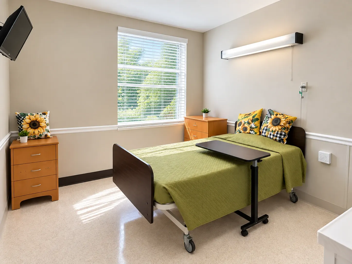 A resident room at Vivo Healthcare St. Petersburg, with a bed and a nightstand under the window